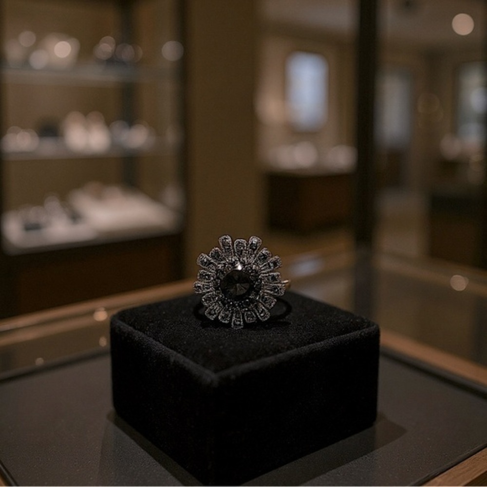 Floral design ring, surrounded w/smokey quartz stones 🩶